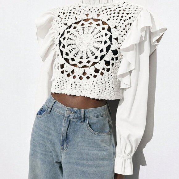 White Casual Women's Apricot Hollow Hook Flower Splicing Ruffles Tops - Picture 2 of 7